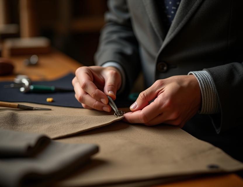 Master tailor stitching lapel at workbench
