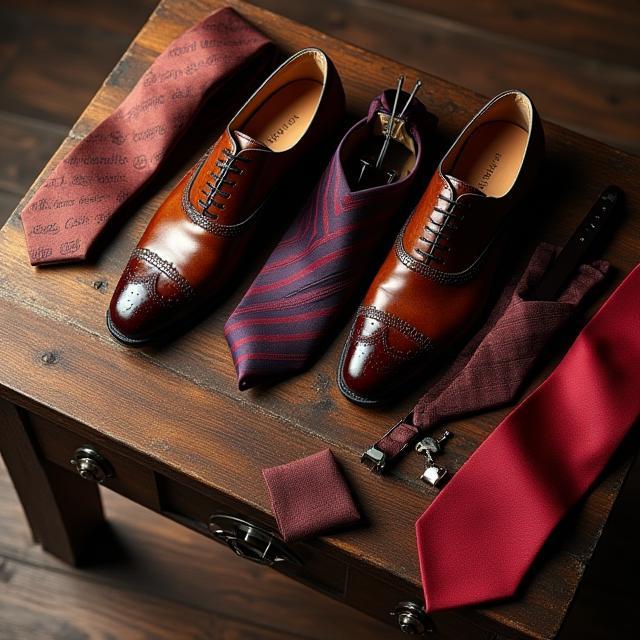 Array of Italian leather shoes and silk ties