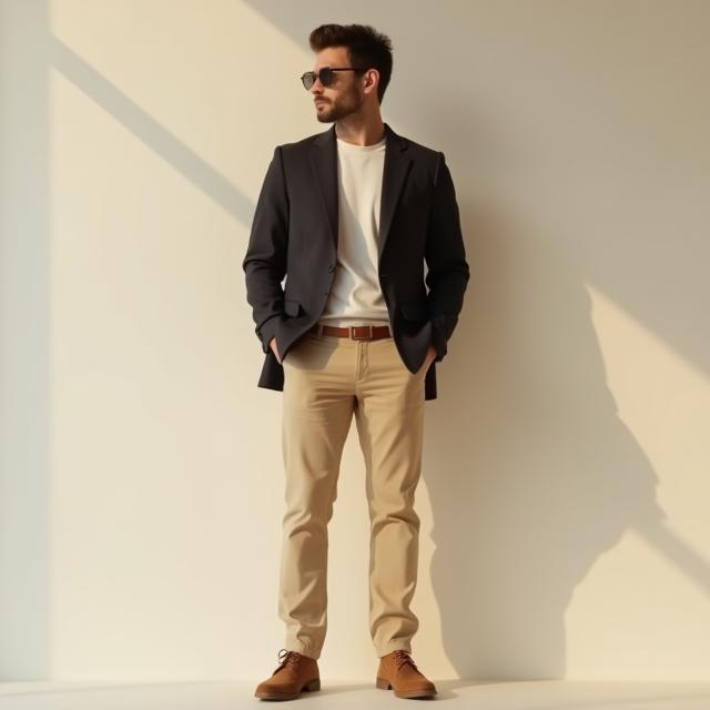 Model wearing smart casual chinos and blazer