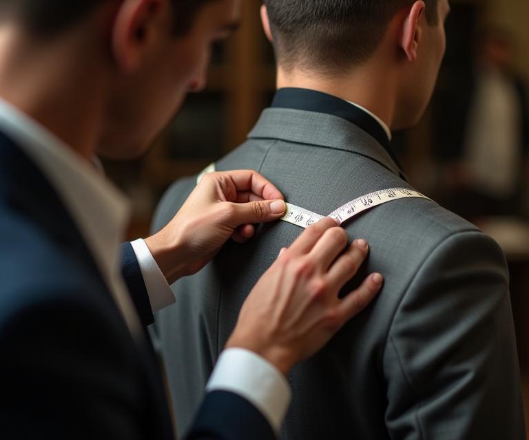 Tailor measuring client’s shoulder